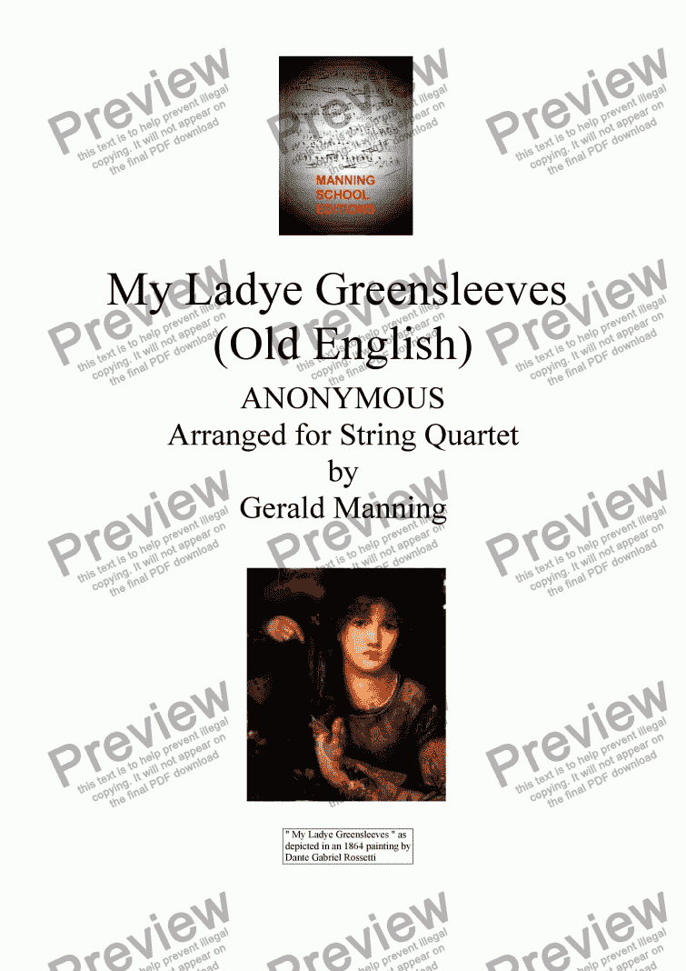 page one of English Song :Anonymous : My Ladye Greensleeves - English Folk Song - Arranged for String Quartet by Gerald Manning