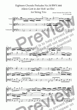 page one of Eighteen Chorale Preludes No.14 BWV.664 Allein Gott in der Hoh’ sei Ehr’.  for String Trio (Violin, Viola & Cello)