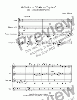 page one of Meditation on We Gather Together and Dona Nobis Pacem - Fl Cl TSax Tpt- Full Score