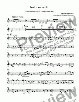 page one of Rodgers - Isn't it romantic? - Chet Baker's transcribed trumpet Bb solo
