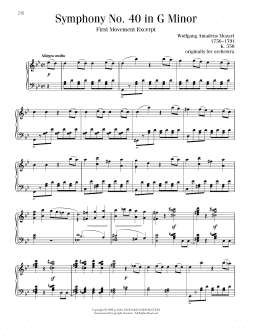 page one of Symphony No. 40 In G Minor, First Movement Excerpt (Piano Solo)