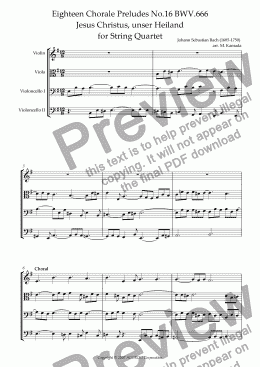 page one of Eighteen Chorale Preludes No.16 BWV.666 Jesus Christus, unser Heiland for String Quartet (Violin, Viola & 2 Cellos)