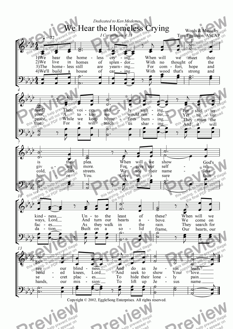 page one of We Hear the Homeless Crying (Hymn)