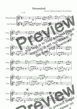 page one of Shenandoah for Descant and Tenor Recorder Duet