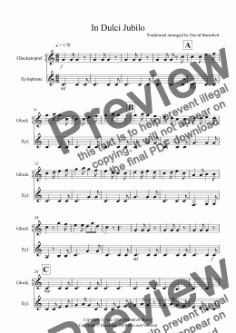 page one of In Dulci Jubilo for Glockenspiel and Xylophone Duet