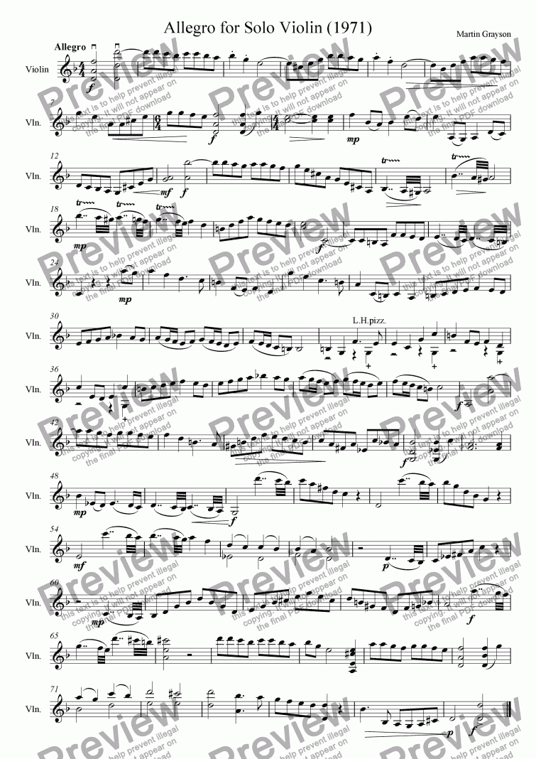 page one of Allegro for Solo Violin (1971)