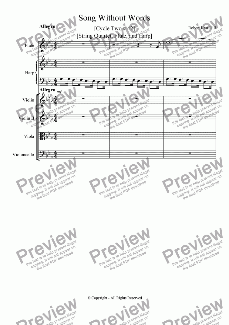 page one of Song Without Words [Cycle Two # 42][String Quartet, Flute, And Harp]