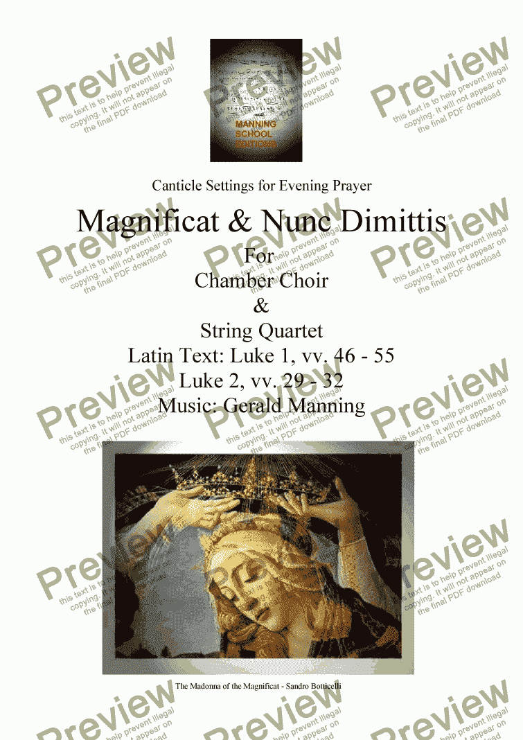 page one of MANNING, G. - Magnificat & Nunc Dimittis Op.6 - Latin Text - for Chamber Choir & String Quartet