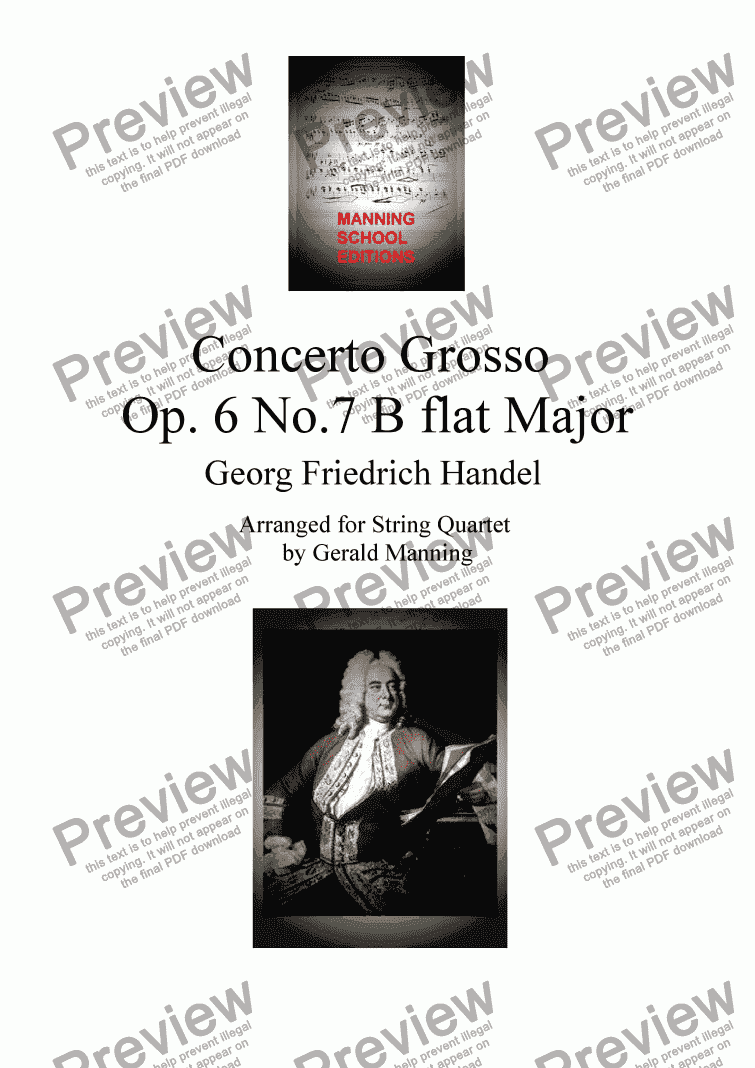 page one of HANDEL, G.F. - Concerto Grosso Op, 6 No.7 in B flat Major - arr. for String Quartet by Gerald Manning
