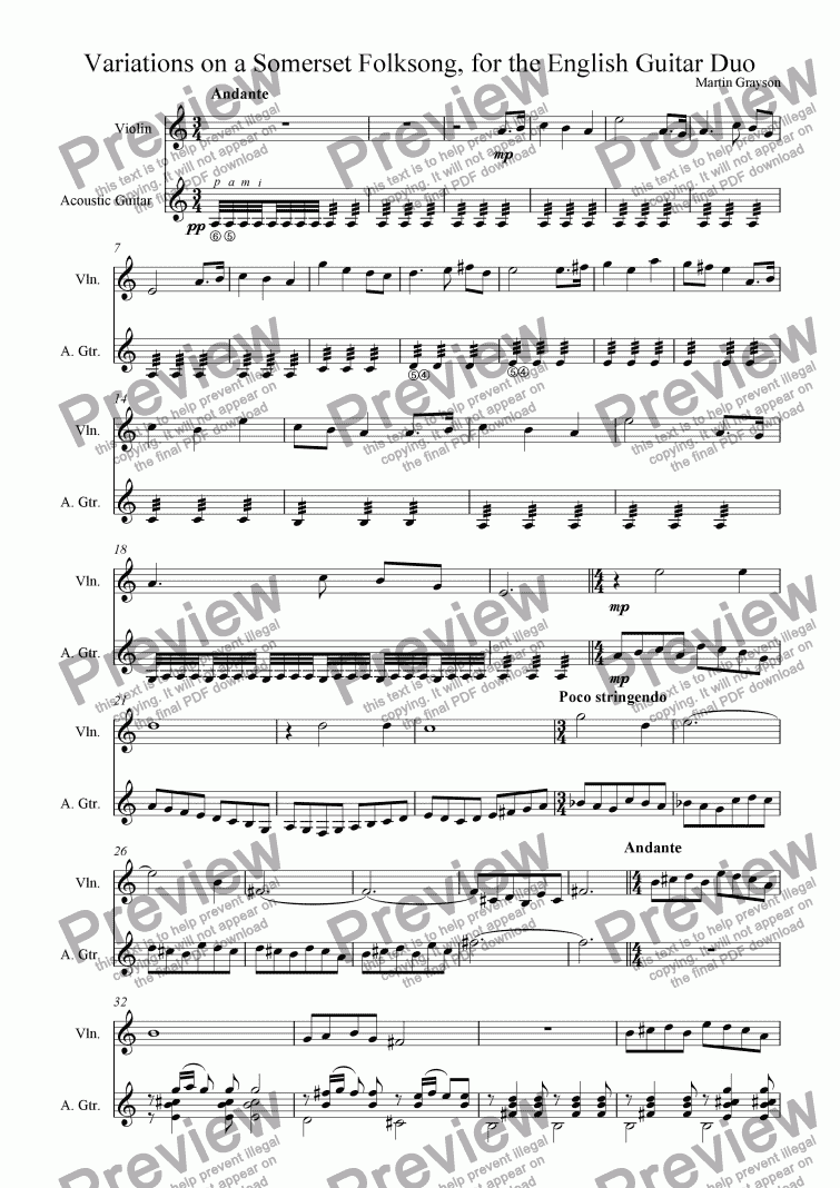 page one of Variations on a Somerset Folksong, Violin and Guitar version