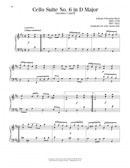 page one of Gavotte I & II (from the 6th Cello Suite) (Piano Solo)