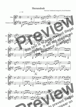 page one of Shenandoah for Oboe and Clarinet Duet