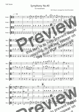 page one of Symphony No.40 (1st movement) for Viola Quartet
