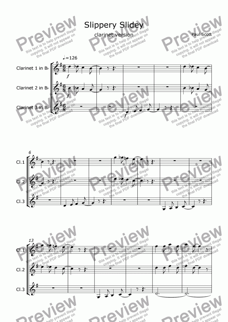 page one of Slippery Slidey clarinet version