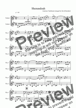 page one of Shenandoah for Violin Duet