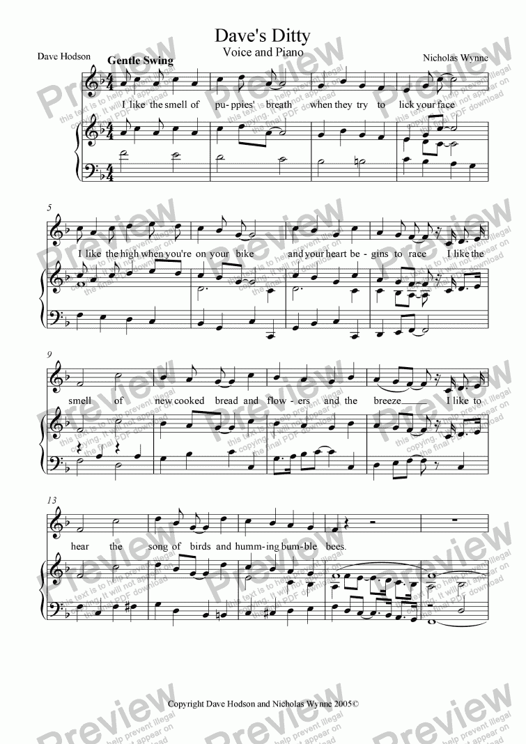 page one of Dave’s Ditty, voice & piano