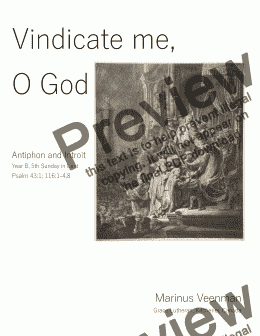 page one of Antiphon and Introit: Year B, Lent 5 (Judica) - "Vindicate me, O God" - Psalm 43(vulgate 42):1; Psalm 116(vulgate 114): 1-4,8 - SATB, organ, (opt: trumpet, timpani)