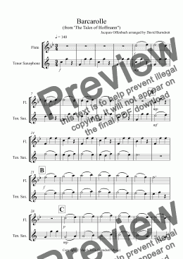 page one of Barcarolle "The Tales of Hoffmann" for Flute and Tenor Saxophone Duet