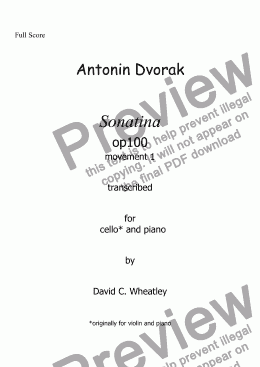 page one of Dvorak - Sonatina op 100 mvt 1  transcribed for cello and piano by David C Wheatley