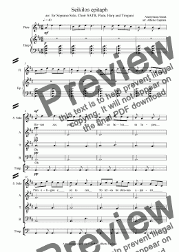 page one of Seikilos epitaph - arr. for Soprano Solo, Choir SATB, Flute, Harp and Timpani
