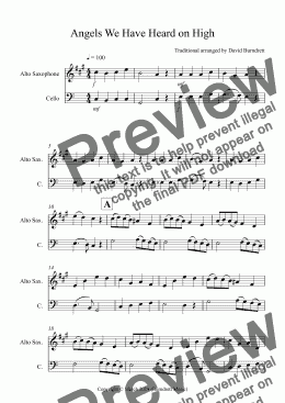 page one of Angels We Have Heard on High for Alto Saxophone and Cello Duet