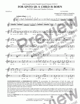 page one of For Unto Us A Child Is Born (from “MESSIAH”) for Men’s Chorus (TTB) – VOCAL PARTS 