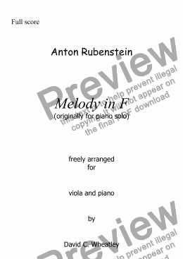 page one of Rubenstein - Melody in F arranged for viola and piano by David C Wheatley
