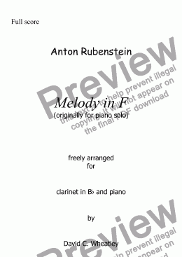 page one of Rubenstein - Melody in F arranged for Bb clarinet and piano by David C Wheatley