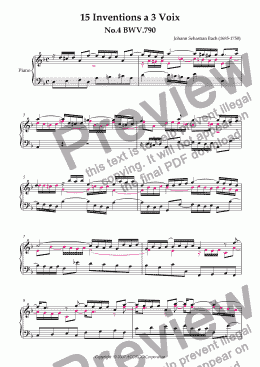 page one of Three Part Invention (Sinfonia) No.4 BWV.790 (Urtext/second part notes colored)