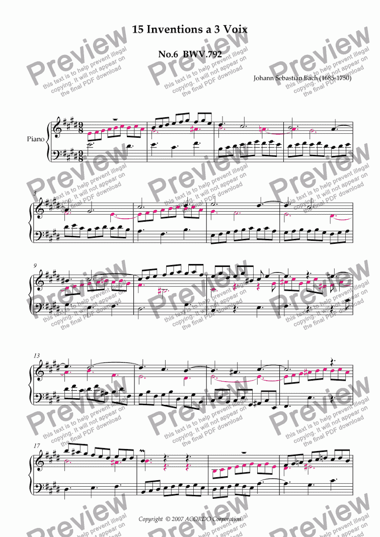 page one of Three Part Invention (Sinfonia) No.6 BWV.792 (Urtext/second part notes colored)