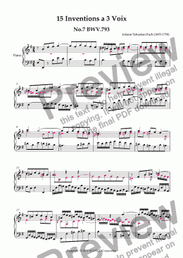 page one of Three Part Invention (Sinfonia) No.7 BWV.793 (Urtext/second part notes colored)