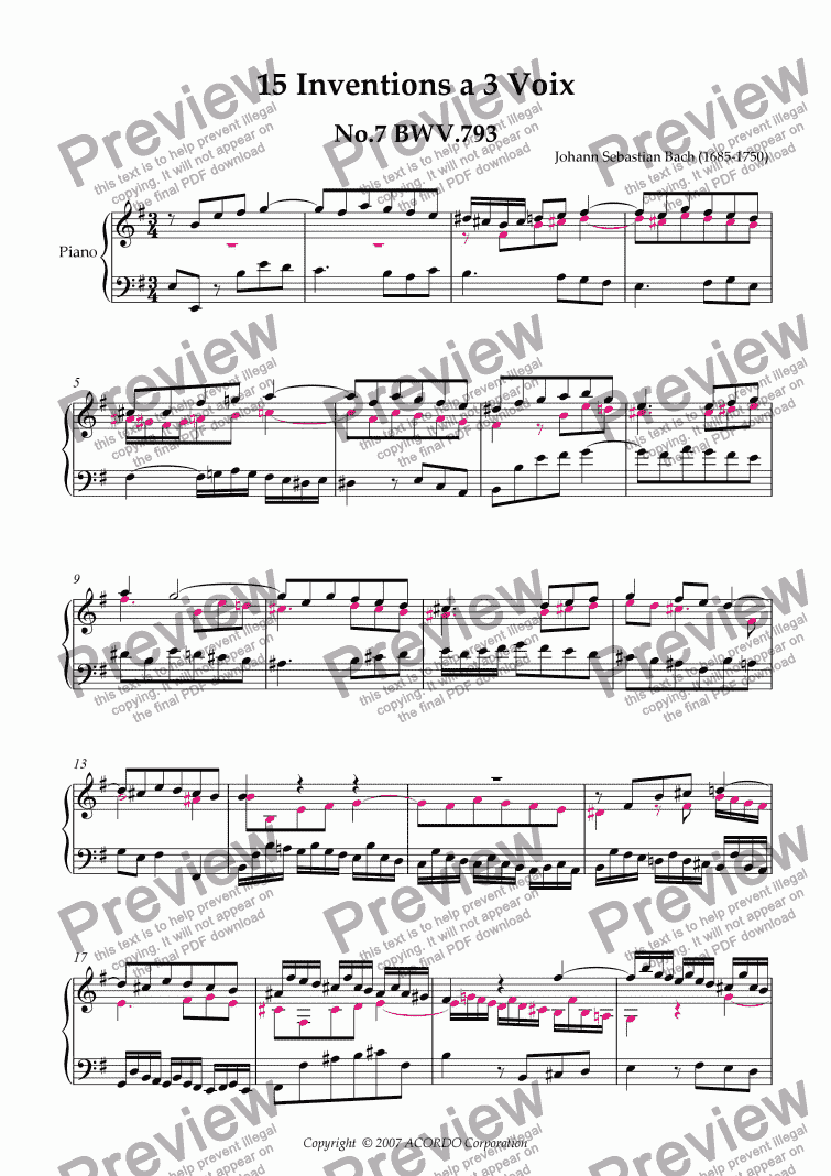 page one of Three Part Invention (Sinfonia) No.7 BWV.793 (Urtext/second part notes colored)