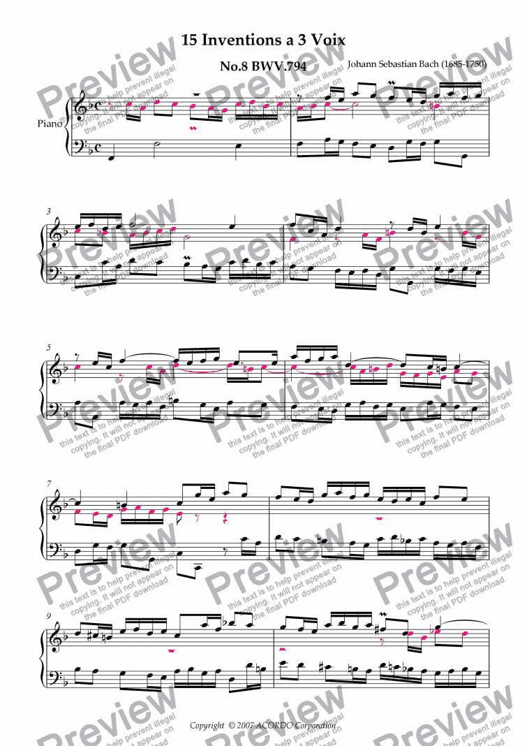 page one of Three Part Invention (Sinfonia) No.8 BWV.794 (Urtext/second part notes colored)