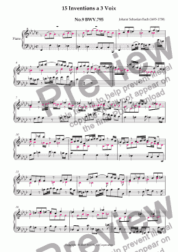 page one of Three Part Invention (Sinfonia) No.9 BWV.795 (Urtext/second part notes colored)