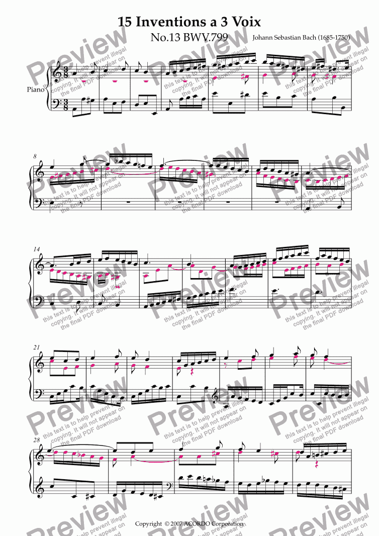 page one of Three Part Invention (Sinfonia) No.13 BWV.799 (Urtext/second part notes colored)