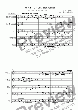 page one of The Harmonious Blacksmith for Brass Quintet