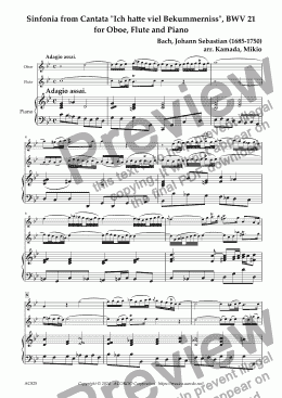 page one of Sinfonia from Cantata "Ich hatte viel Bekummerniss", BWV 21  for Oboe, Flute and Piano