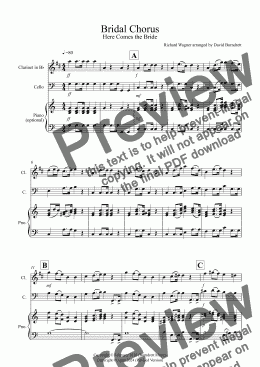 page one of Bridal Chorus "Here Comes The Bride" for Clarinet and Cello Duet