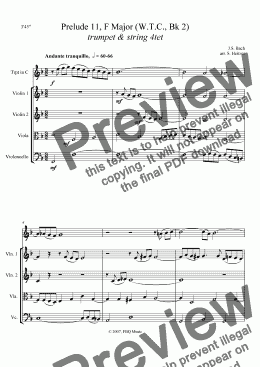 page one of Prelude No. 11, F major, WTC Bk 2 (trumpet & string 4tet)