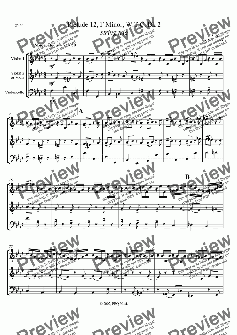 page one of Prelude No. 12, F minor,  WTC Bk 2 (string trio)