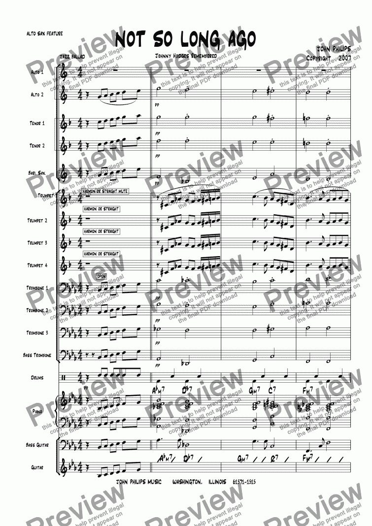 page one of "NOT SO LONG AGO"  Alto Sax Feature Ballad