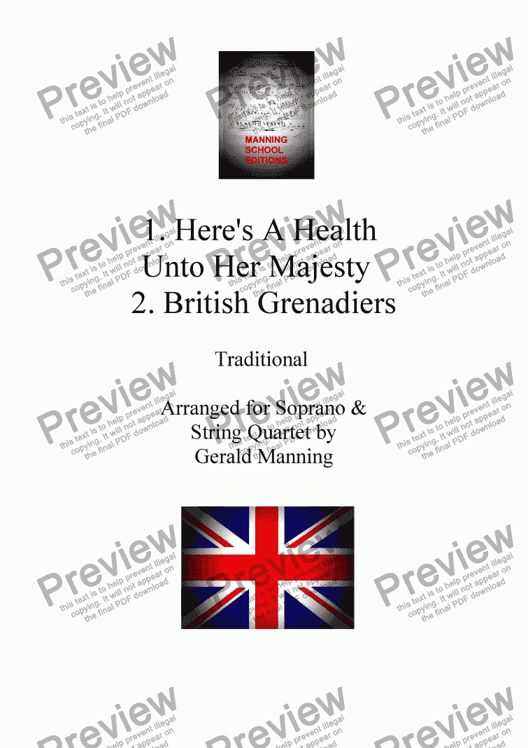 page one of Music of Pageant & Patriotism - Traditional - Here's A Health Unto Her Majesty & British Grenadiers - arr. for Soprano & String Quartet by Gerald Manning