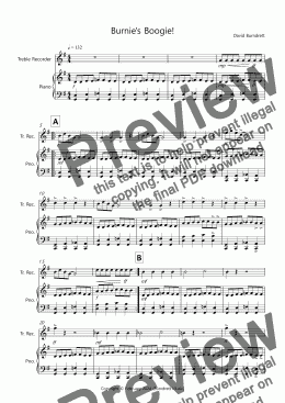 page one of Burnie's Boogie! for Treble Recorder and Piano