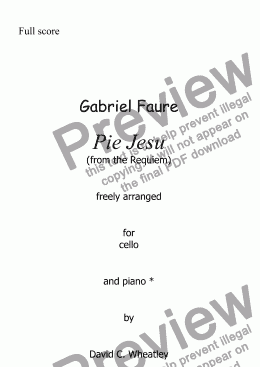 page one of Faure - Pie Jesu (Requiem) arranged for cello and piano by David C Wheatley