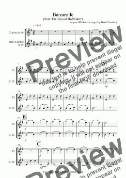page one of Barcarolle "The Tales of Hoffmann" for Clarinet and Bass Clarinet Duet