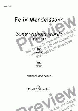 page one of Mendelssohn - Song without words op 102 no 5 arranged for cello and piano