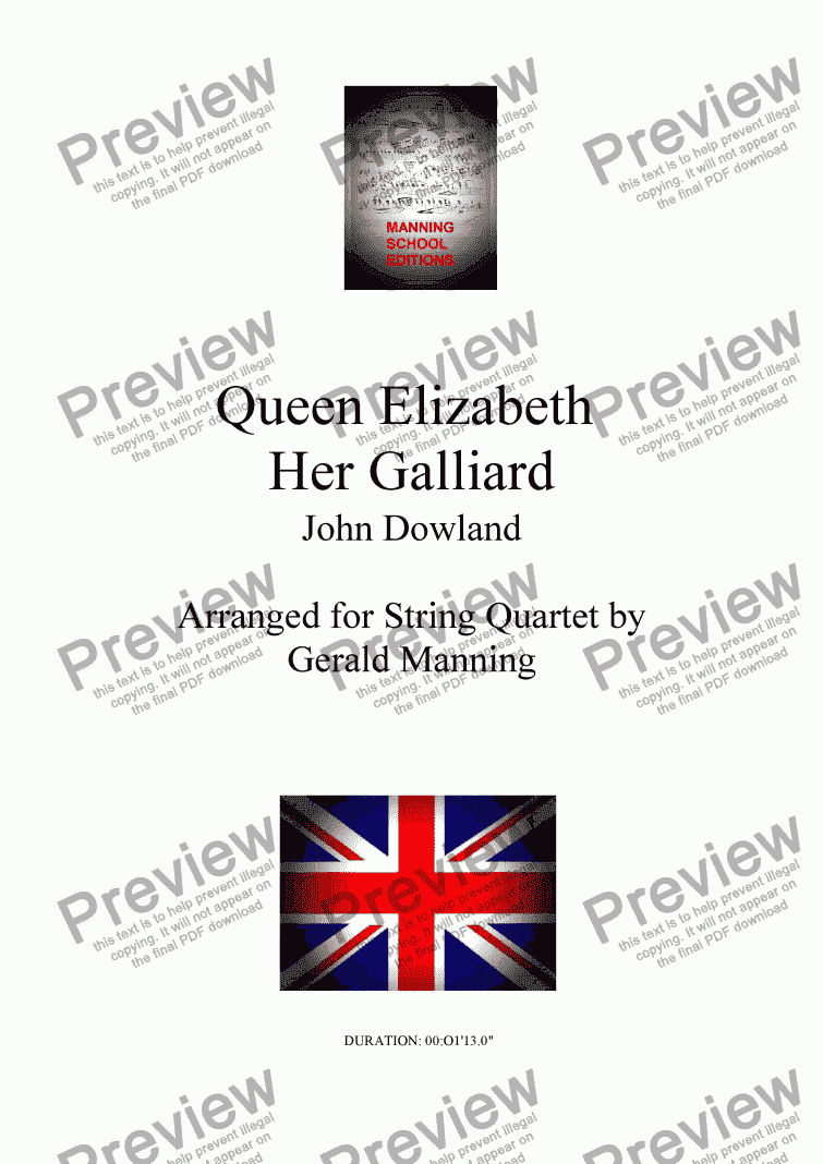 page one of Music of Pageant & Patriotism - Dowland, J. - Queen Elizabeth Her Galliard - arr. for String Quartet by Gerald Manning