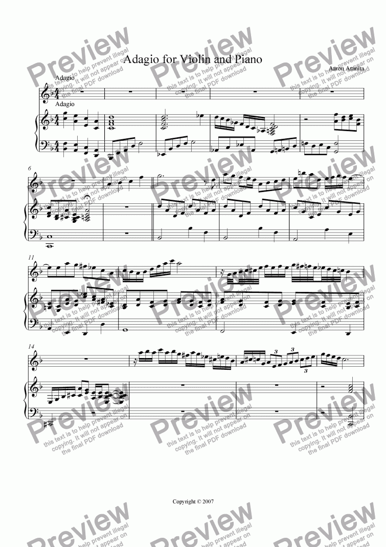 page one of Adagio for Violin and Piano