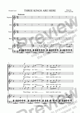 page one of Carol: Three Kings Are Here (SATB + Keyboard)