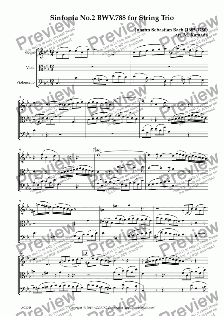 page one of Sinfonia No.2 BWV.788 for String Trio